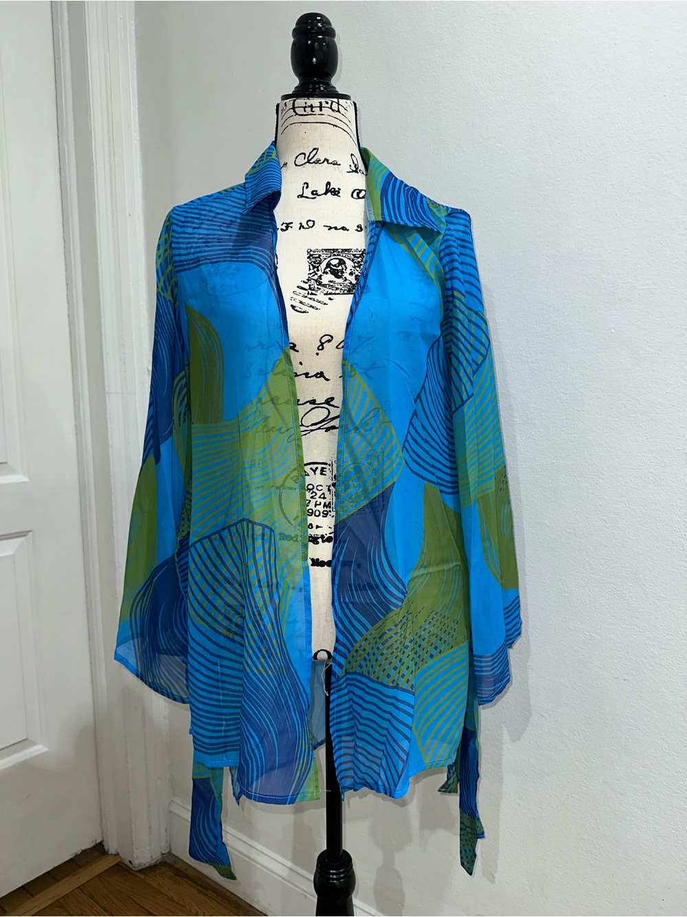 Lightweight Blue & Green Sheer Open-Front Cover up